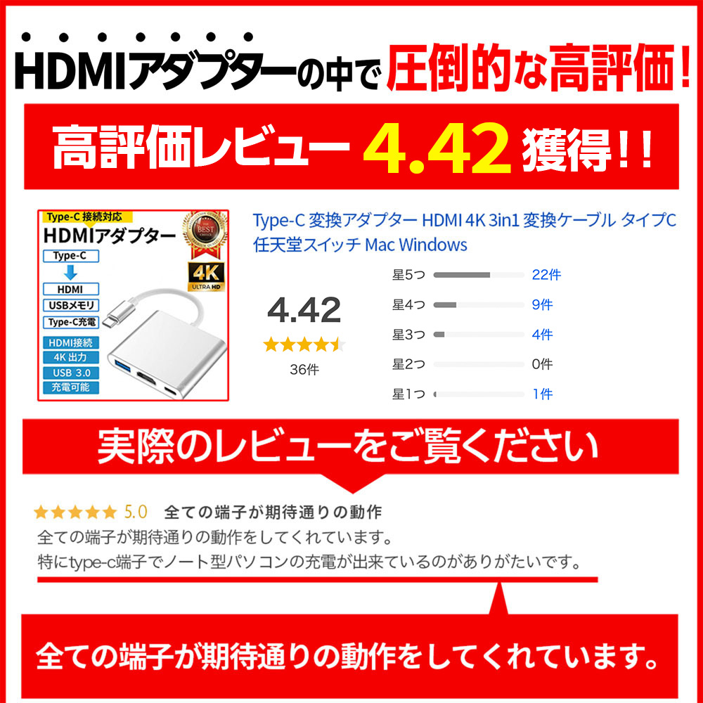 Type-C 変換アダプター HDMI 4K 3in1 変換ケーブル タイプC  iphone 15 任天堂スイッチ Mac Windows 耐久 断線 防止 USB3.0 PD充電 変換器