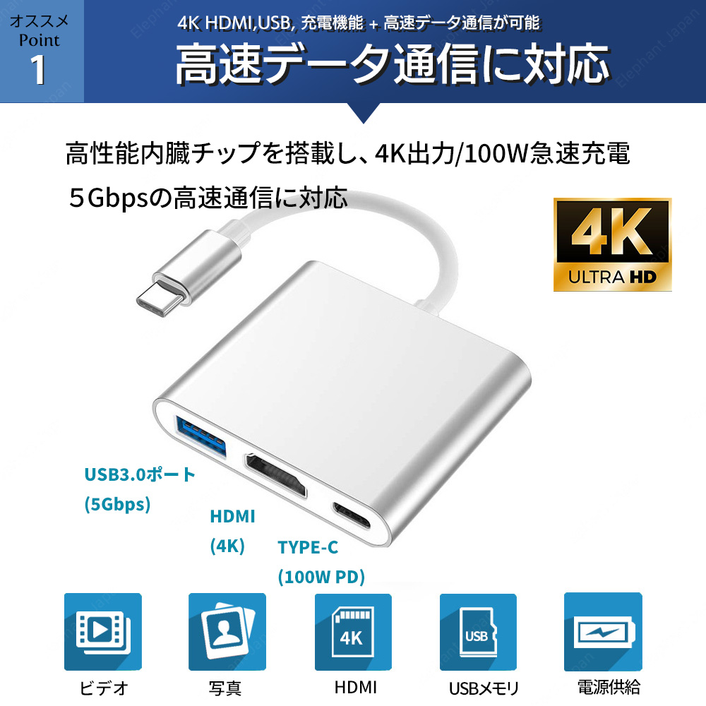 Type-C 変換アダプター HDMI 4K 3in1 変換ケーブル タイプC  iphone 15 任天堂スイッチ Mac Windows 耐久 断線 防止 USB3.0 PD充電 変換器｜elephant-japan2｜08