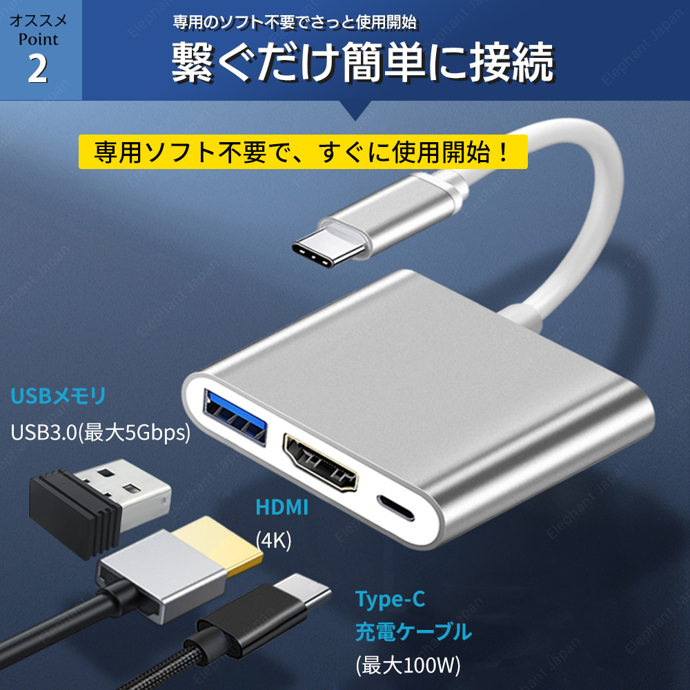 Type-C 変換アダプター HDMI 4K 3in1 変換ケーブル タイプC  iphone 15 任天堂スイッチ Mac Windows 耐久 断線 防止 USB3.0 PD充電 変換器