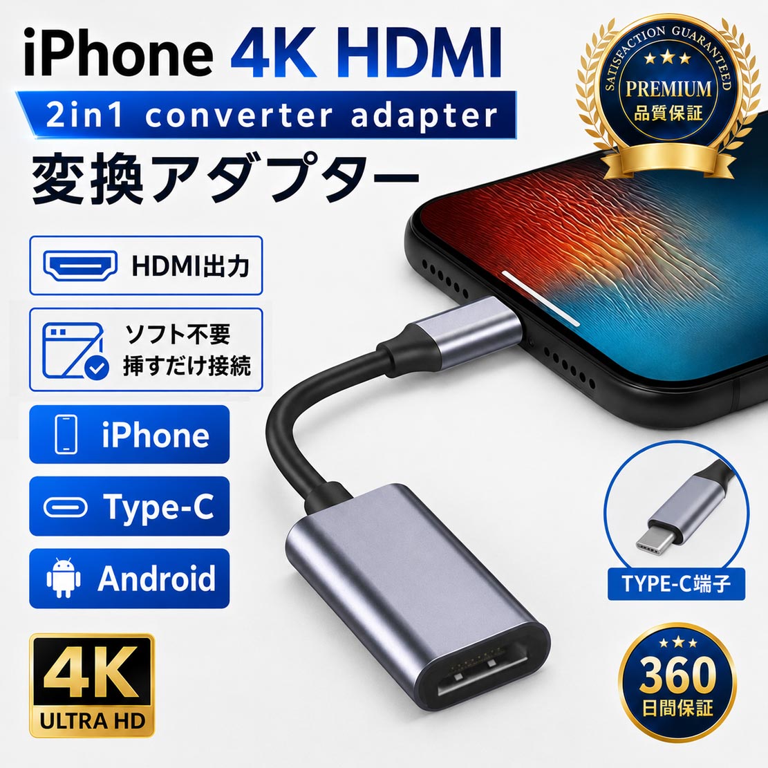 Type-C HDMI 変換アダプタ 4K/60Hz USB-C HDMI出力 テレビ接続