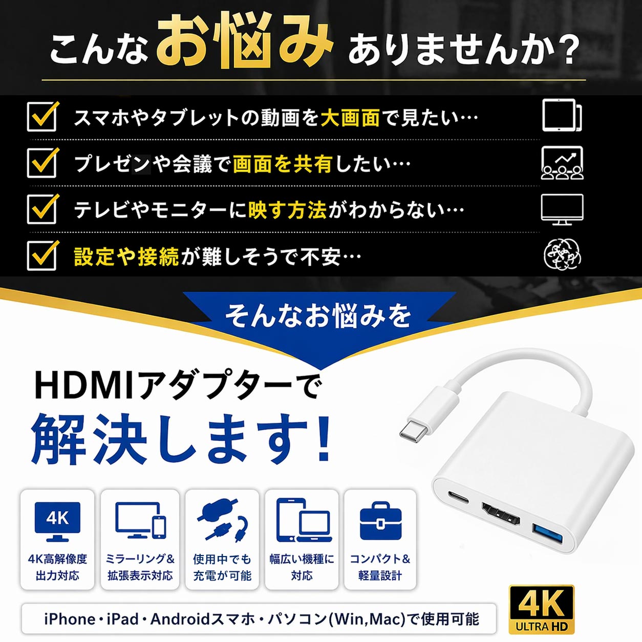 Type-C HDMI 変換アダプター iOs18対応 変換アダプタ iPhone17 Air 16