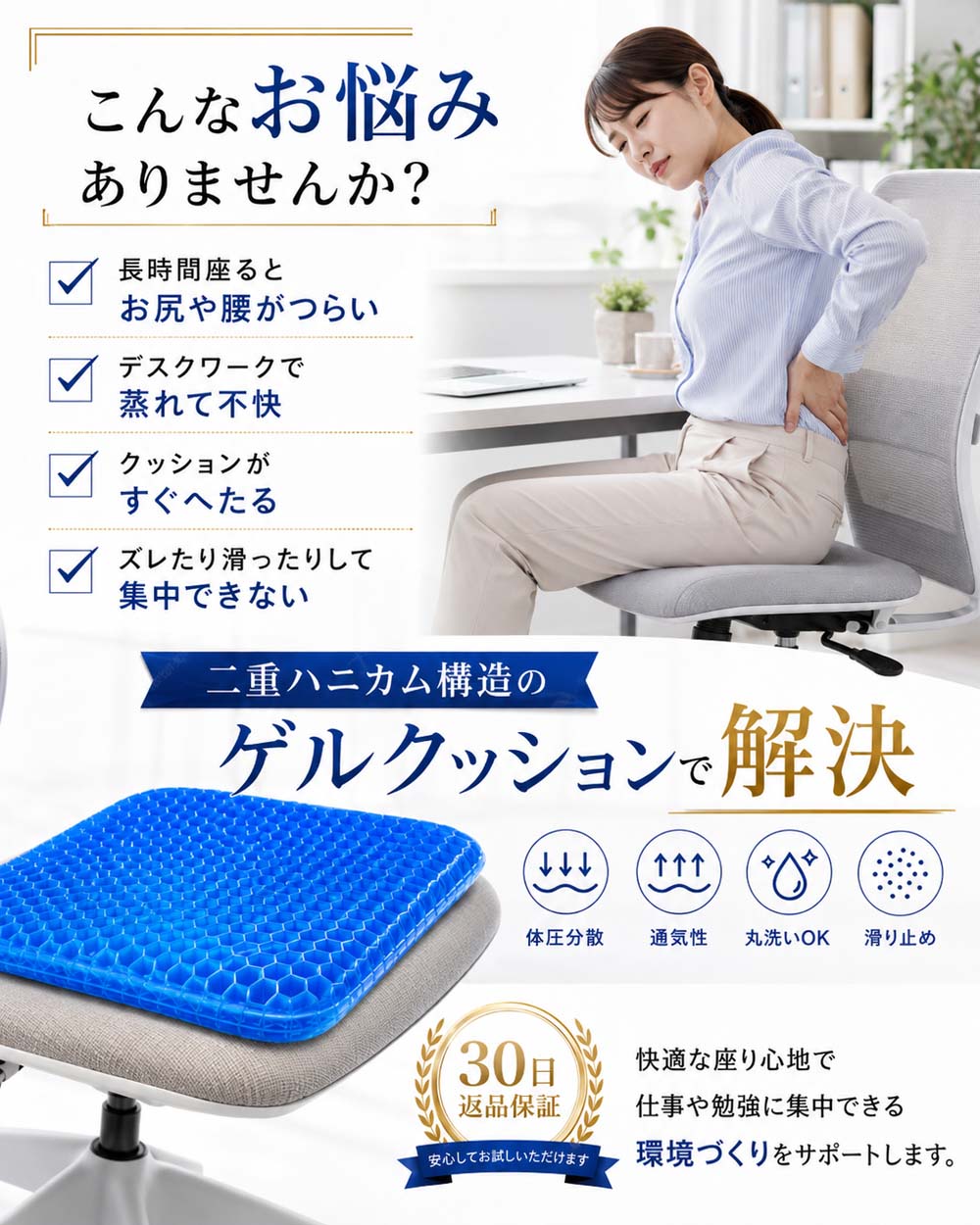 ジェルクッション 体圧分散 座布団 TPE ハニカム構造 椅子用 腰痛対策