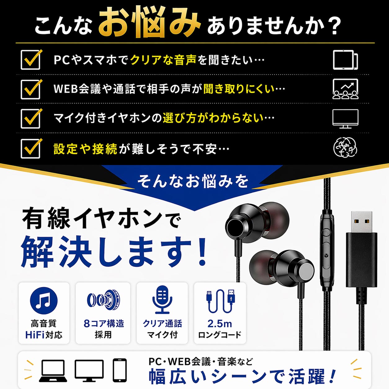 ヘッドセット usb ヘッドホン イヤホン 有線 パソコン マイク