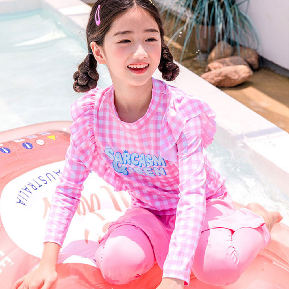 キッズ 水着 ラッシュガード 花柄 チェック 女の子 ピンク 長袖 長