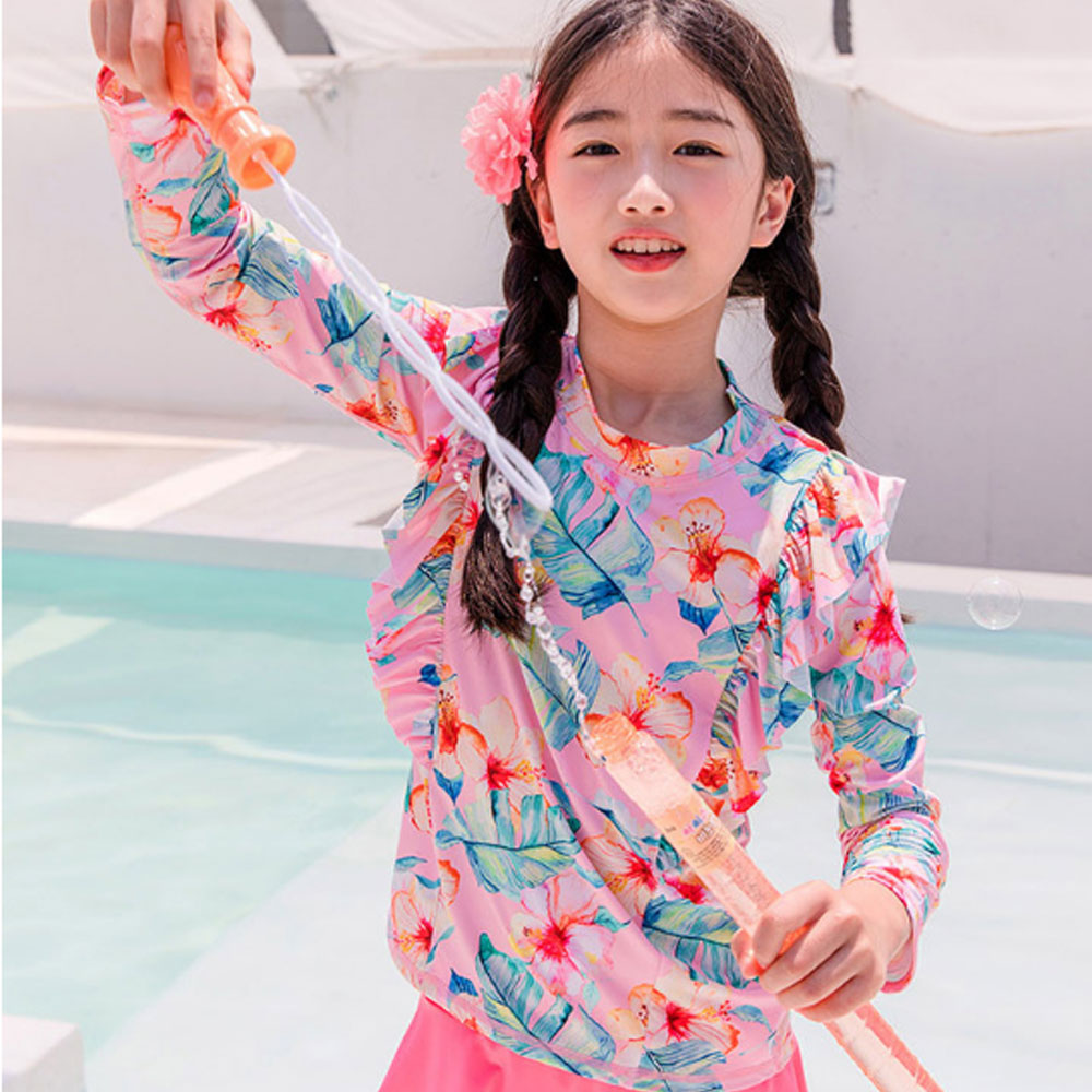 キッズ 水着 ラッシュガード 花柄 チェック 女の子 ピンク 長袖 長