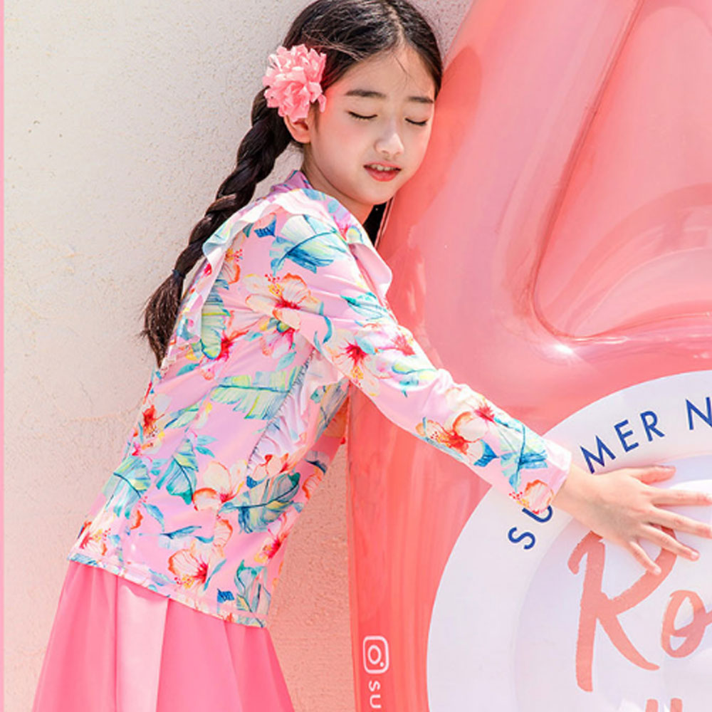 キッズ 水着 ラッシュガード 花柄 チェック 女の子 ピンク 長袖 長