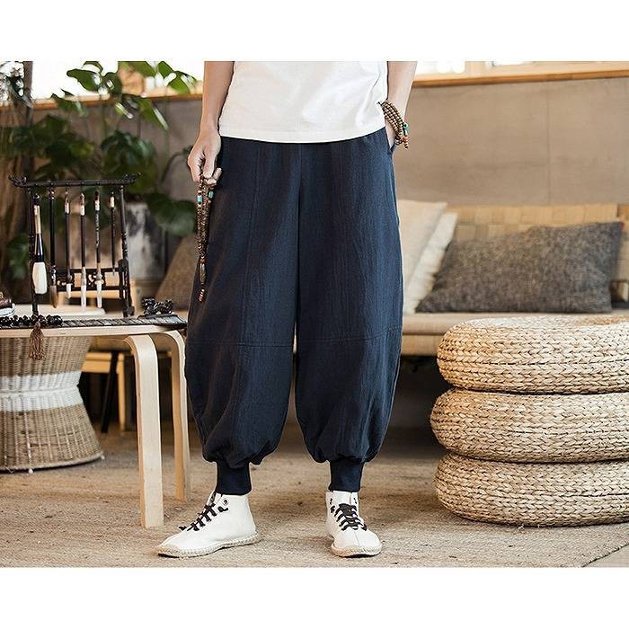 萌 もゆる モユル 黒 サルエルパンツ バルーンパンツ 麻 リネン混
