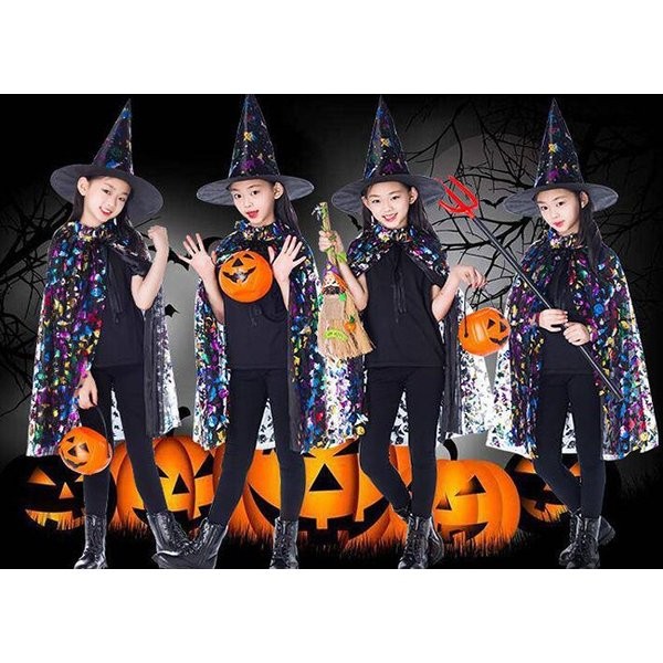 ハロウィン コスプレ 子供 マント ハット 箔プリント ウィッチ 魔女 魔法使い コスチューム 女の子 男の子 キッズ 子ども かわいい 仮装 変装