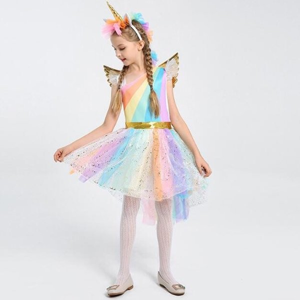 ハロウィン 衣装 子供 女の子 コスプレ ユニコーン フェアリー 精霊 キッズ コスチューム 変装 仮装 服 翼 セットアップ 虹色 かわいい 子ども