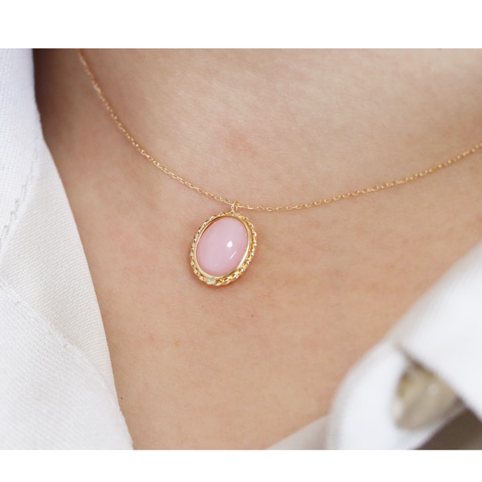 K18YG ピンクオパール 1.7ct ネックレス オーバル 一粒 あずきチェーン
