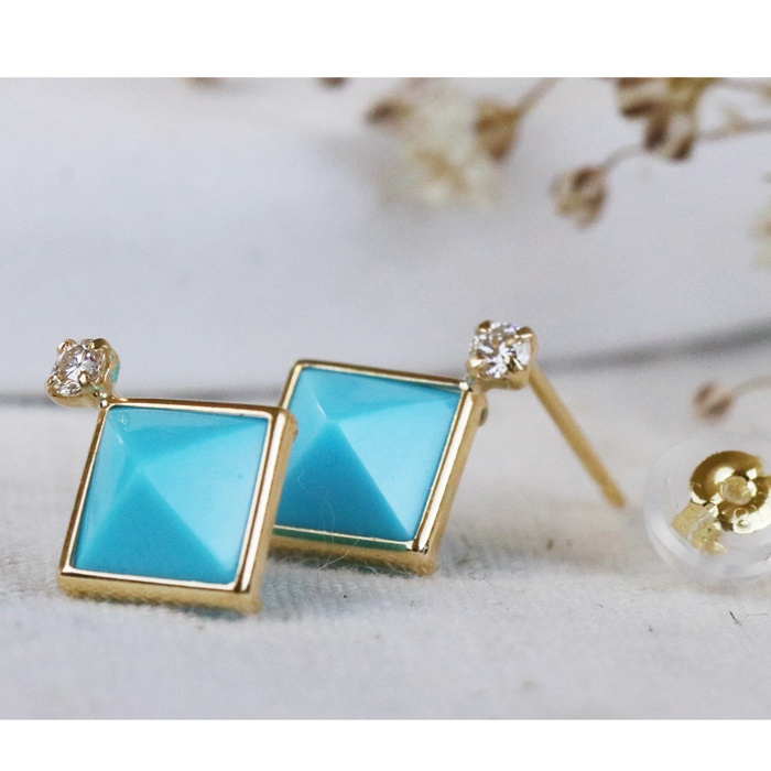 K18 ダイヤモンド ターコイズ ピアス ダイア 18金 おしゃれ 誕生石 かわいい 喜ばれる 金属アレルギー 対応 ブルー 18k 天然石 k18 ゴールド 誕生日プレゼントの画像