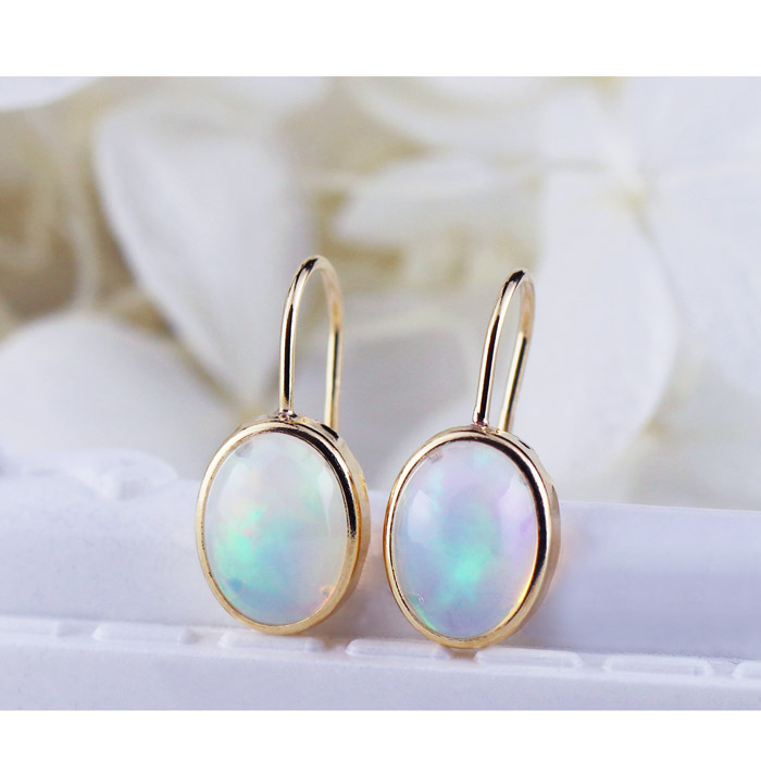 K18YG オパール ピアス フックピアス 一粒 オーバル 覆輪留め 1.20ct