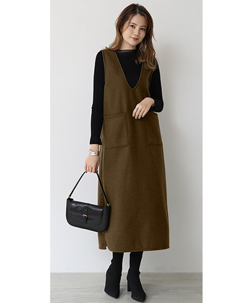 選べる2タイプ】ミディ丈 ロング丈 流行 深Vネック ワンピース