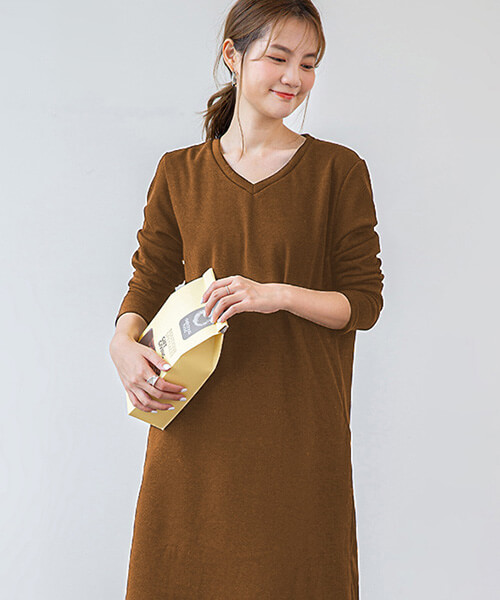 ワンピース レディース 裏起毛 Uネック Vネック 2タイプ 厚手 ミモレ丈 温かい 柔らかい シンプル 秋 冬 エレガント 大人 6色 長袖ワンピ yc3079b | ブランド登録なし | 10