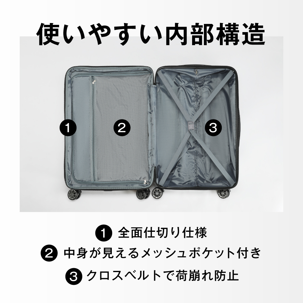 ＼期間限定4000円OFF／ スーツケース キャリーケース Mサイズ 60L 拡張機能 軽量 2泊3日 ダブルキャスター TSAロック 静音 旅行 トラベル ビジネス 出張｜elminstore｜12