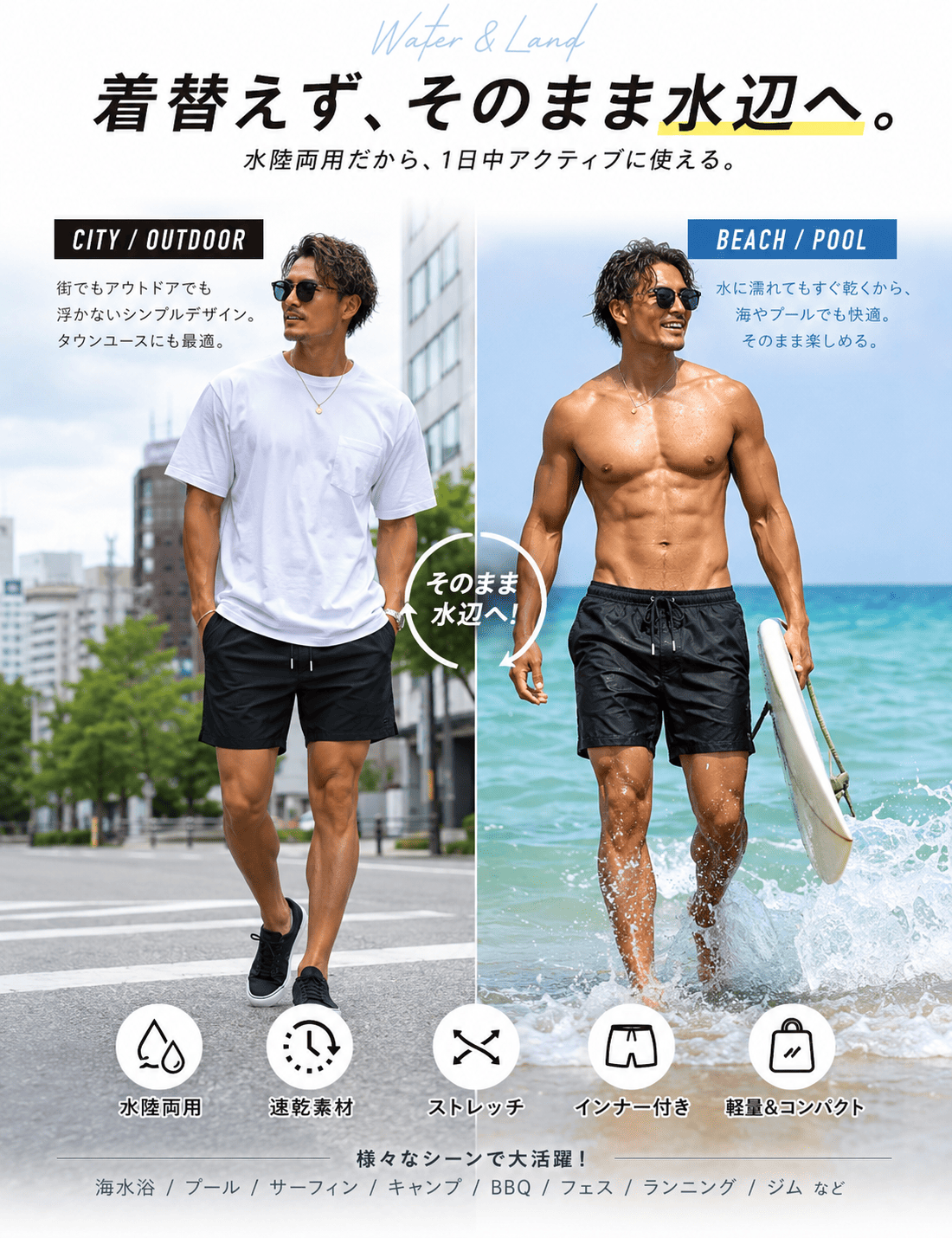 水着メンズ サーフパンツ 海パン メンズ 水陸両用 海水パンツ ショート丈 ひざ上 ボードショーツ サーフショーツ 海水浴 プール ショートパンツ 水着 関連画像3