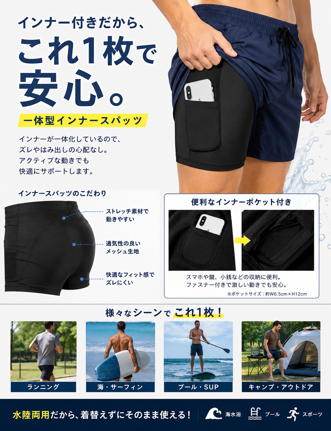 水着メンズ サーフパンツ 海パン メンズ 水陸両用 海水パンツ ショート丈 ひざ上 ボードショーツ サーフショーツ 海水浴 プール ショートパンツ 水着 関連画像4