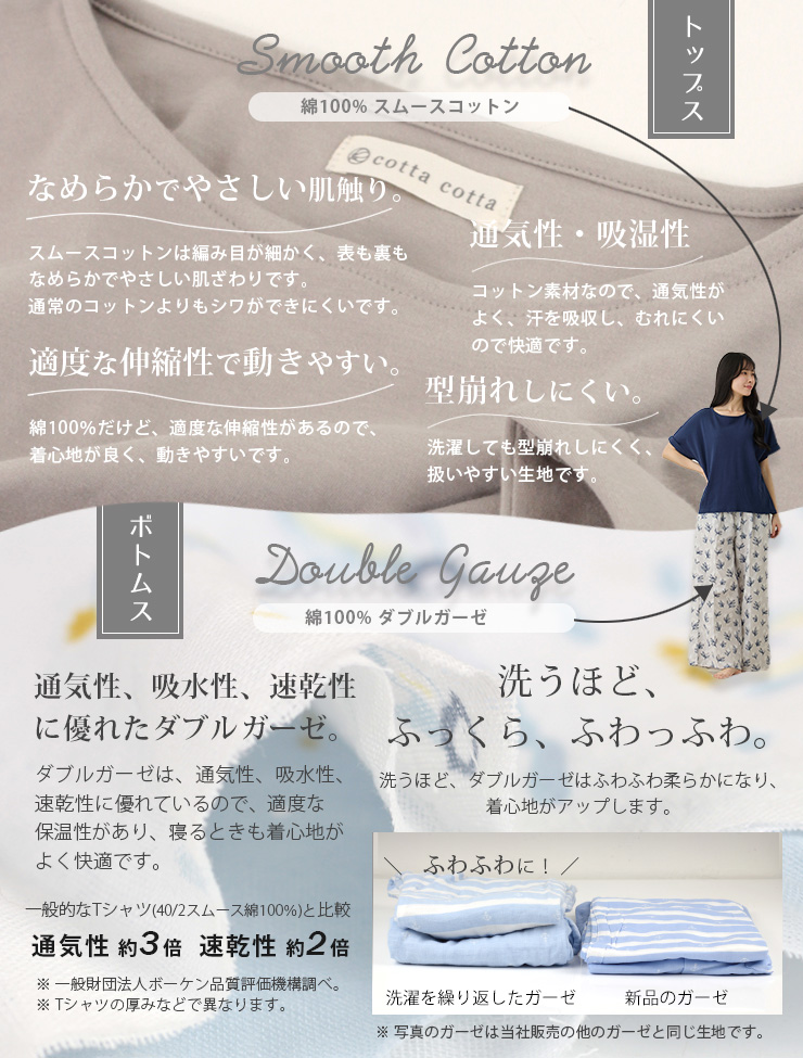 cottacotta スムースコットン・ダブルガーゼルームウェア上下セット・レディース スムースコットンとダブルガーゼ生地について