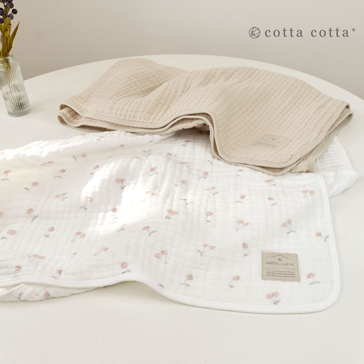 cottacotta6重ガーゼブランケット・パイピング 置き画：チェリー&ベージュ