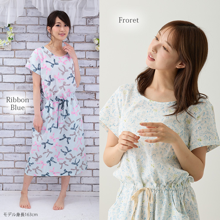cottacottaダブルガーゼ半袖ワンピース リボンブルー、フローレット