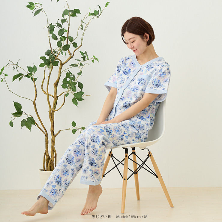 cottacottaダブルガーゼパジャマ半袖長ズボンセット・レディース モデル：あじさいBL