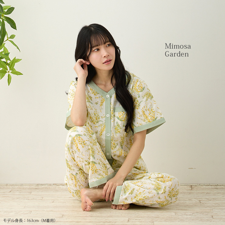 cottacottaダブルガーゼパジャマ半袖長ズボンセット・レディース モデル：ミモザガーデン