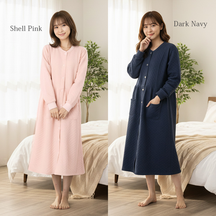 cottacotta キルトニットマタニティワンピースパジャマ・レディース シェルピンク、ダークネイビー