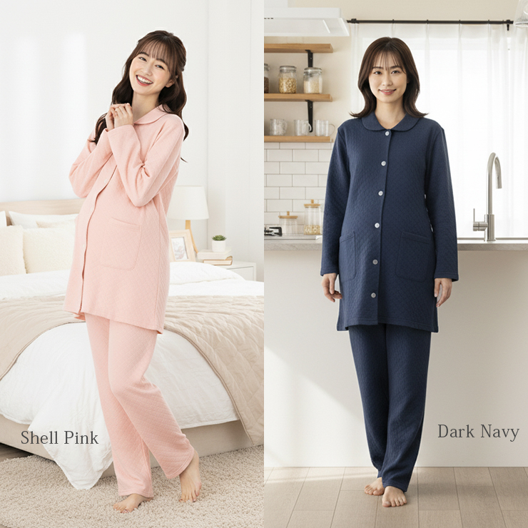 cottacotta ニットキルトマタニティ上下パジャマ・レディース シェルピンク/ダークネイビー