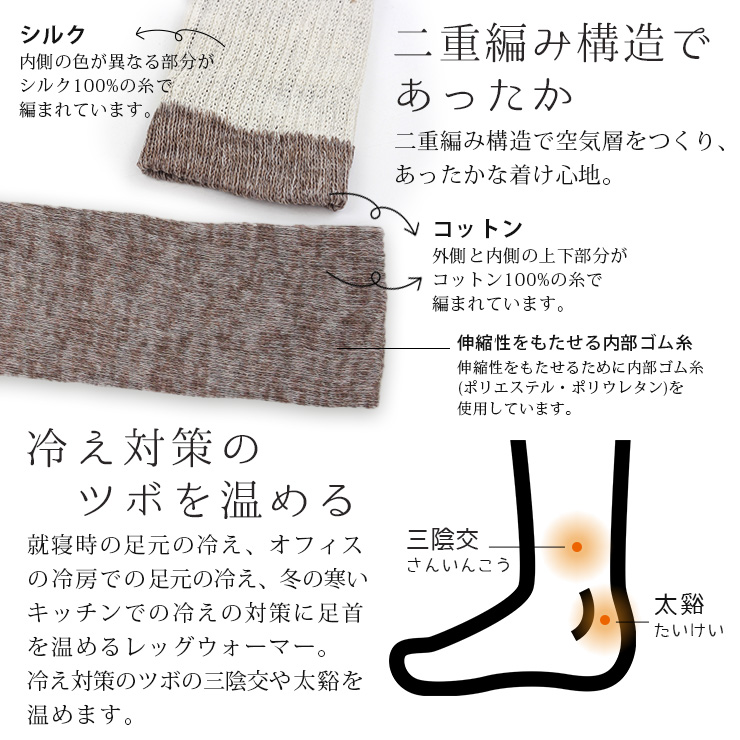 日本製シルクレッグウォーマー 二重編み構造であったか、冷え対策ツボを温める