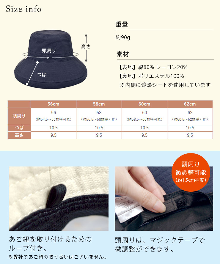 コカゲルつば広エッジアップハット サイズ詳細