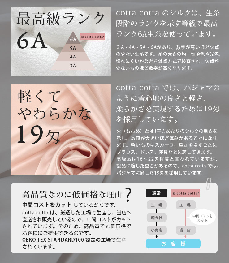 cottacotta シルクパジャマ長袖・レディース 最高級ランク6A・軽くて柔らかな19匁