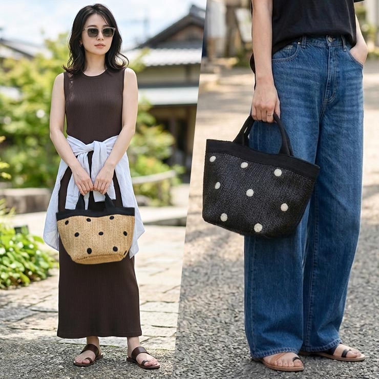 ドット柄かごバッグ モデル着用1