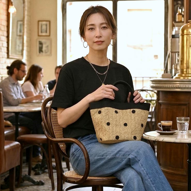 ドット柄かごバッグ モデル着用3