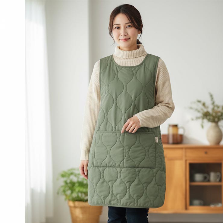 はっ水キルト＆裏ボア ノースリーブエプロン カーキ着用イメージ