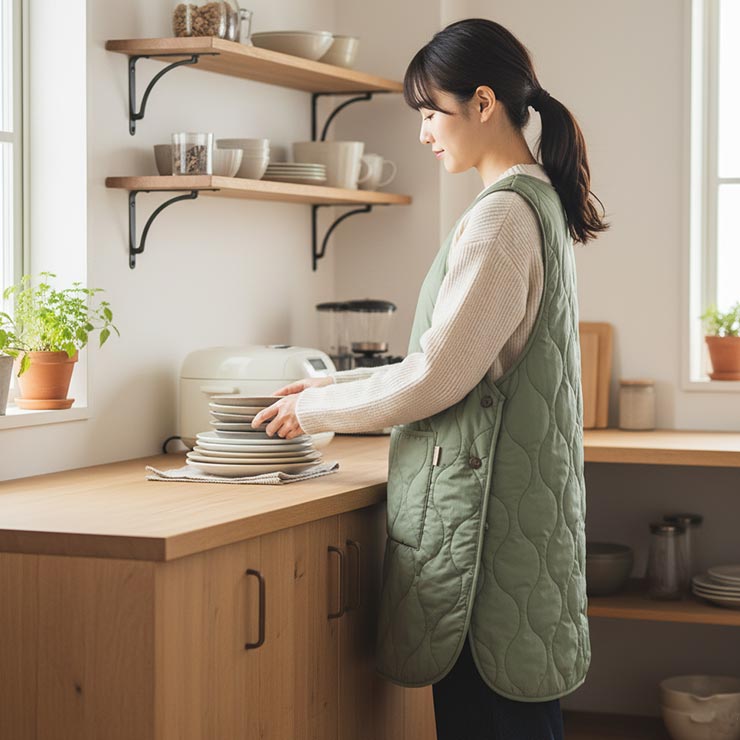 はっ水キルト＆裏ボア ノースリーブエプロン カーキ着用イメージ