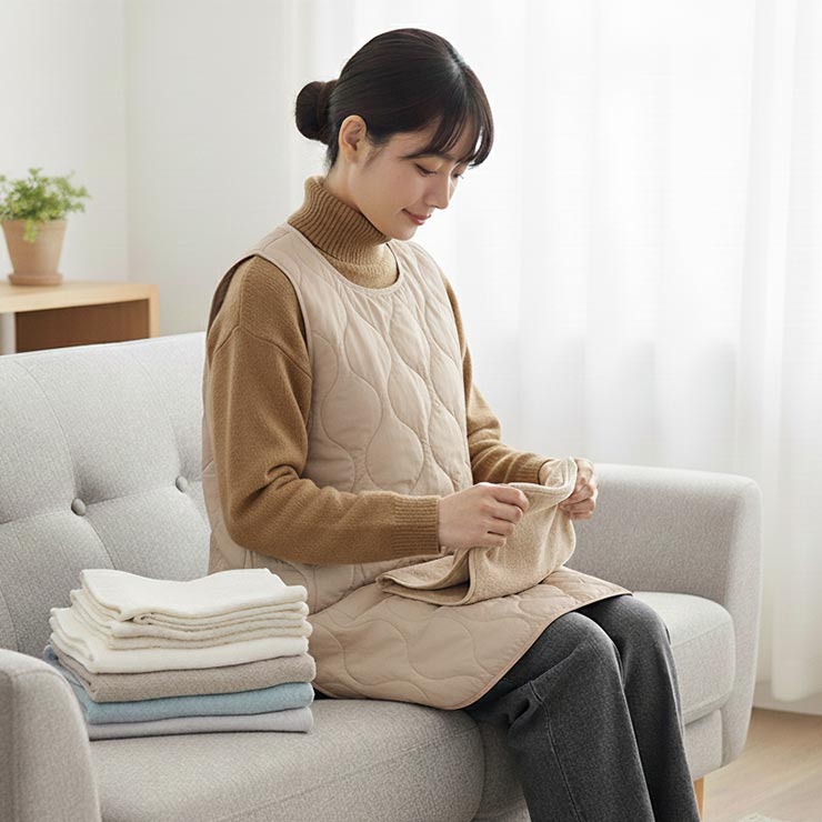 はっ水キルト＆裏ボア ノースリーブエプロン アイボリー着用イメージ