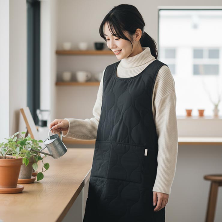 はっ水キルト＆裏ボア ノースリーブエプロン ブラック着用イメージ