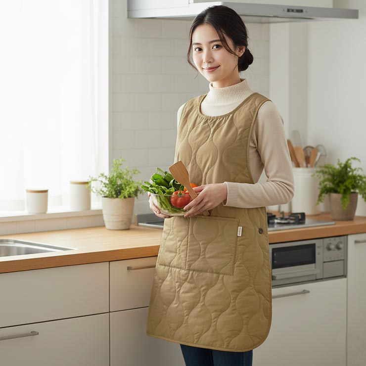 はっ水キルト＆裏ボア ノースリーブエプロン ベージュ着用イメージ