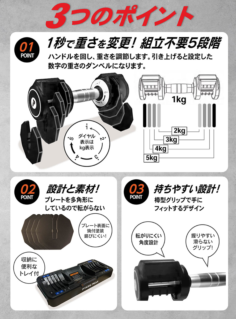 PYKES PEAK ダンベル 可変式 5kg アジャスタブル 筋トレ