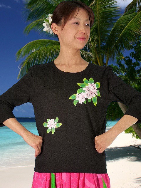 フラダンス 7分袖 Tシャツ 4L プルメリア ブラック 1079-4lb : emika