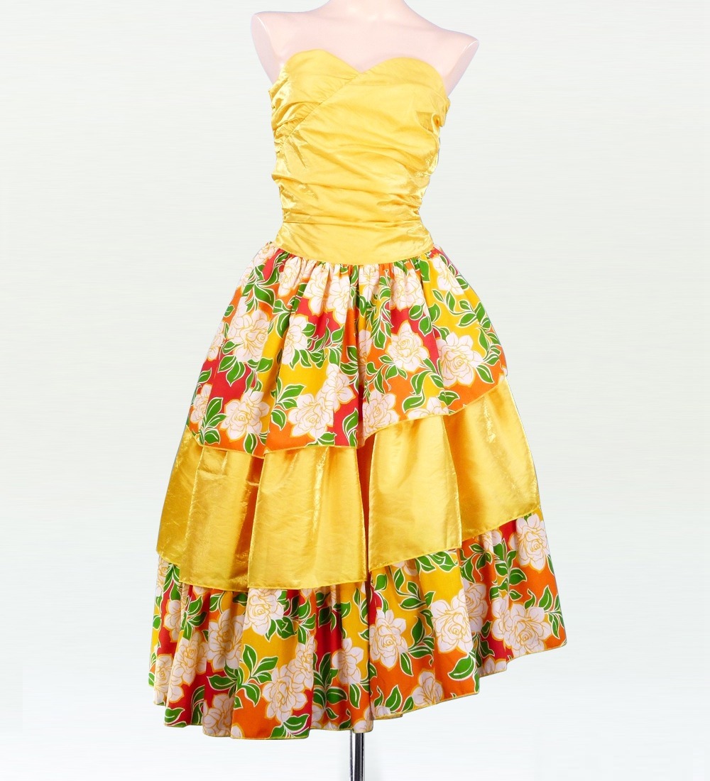 【美品 日本製 フラダンス衣装】イエロー PauSkirtShopドレス 黄 紫 フラドレス ミディ丈 クリスタルシャインイエロー LLサイズ