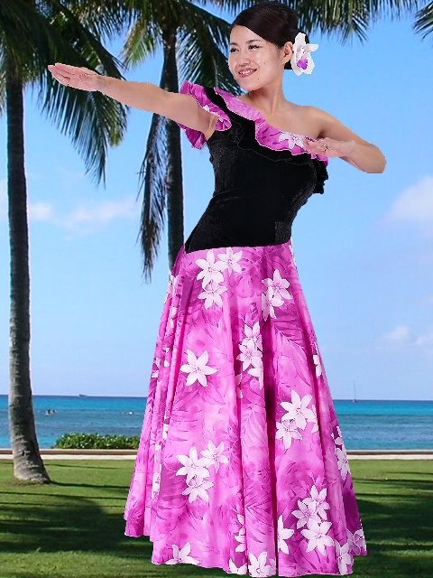 華麗 フラダンス ワンショルダー ベルベット斜め切り替え ドレス レッド Fサイズ 1882rF ドレス（ムームー）