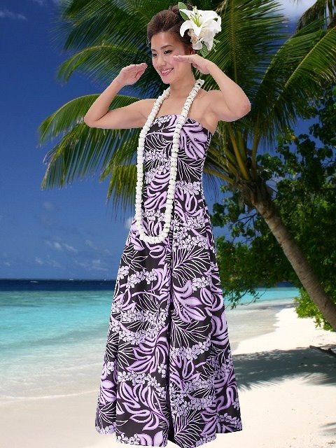 フラダンス ムームー ストラップレス ロング丈ドレス ブラック