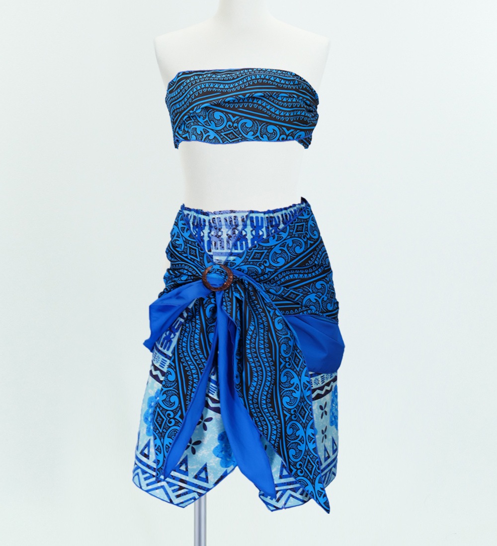 サッシュ付きパレオ風スカート&チューブトップ セット ブルー 2262bl