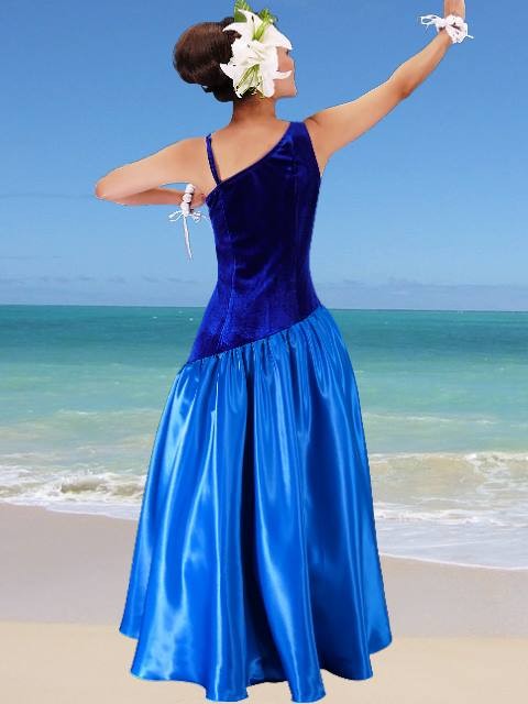 フラダンス ワンショルダー ベルベット・シャンタン斜め切り替え ドレス ブルー Fサイズ 2289blF