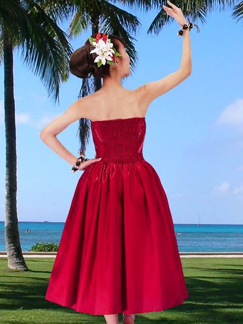 フラダンス用赤いドレス(ムームー) フラダンス ムームー 刺繍バックサテン ミディ丈ドレス レッド Fサイズ