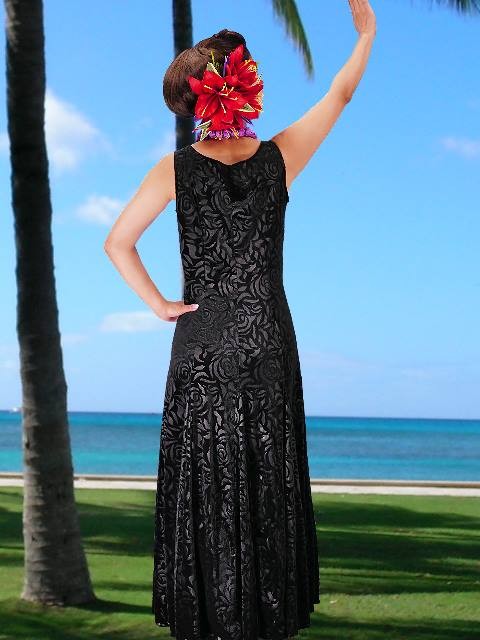 フラダンス　 ベルスリーブロングドレス（ロケラニベロア緑） フラダンス ロケラニベルベット ワンピースドレス グリーン 2309gfa