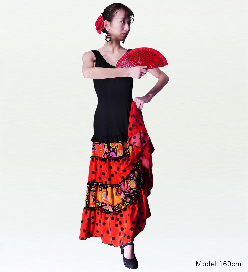 フラメンコワンピース　黒 フラメンコ フリル ワンピース ブラック×レッド フリーサイズ
