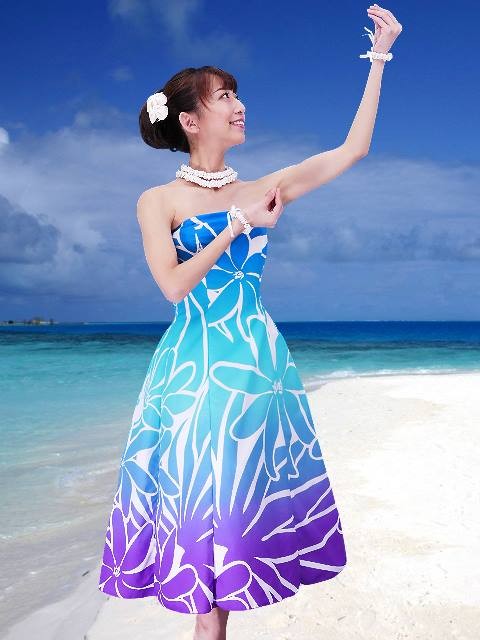  Creations フラダンス ドレス ムームー 黄色の花柄 フラダンスムームー ストラップレス ミディ丈ドレス イエロー LL