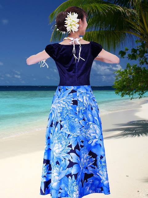 フラダンス ベロア×ハワイアンファブリックドレス ブルー Fサイズ 2432blF